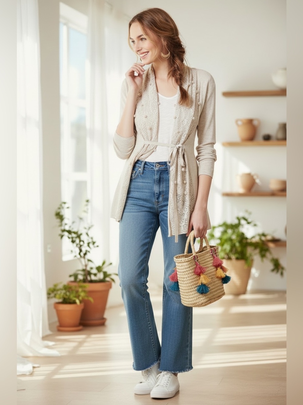 Anthropologie Knotted & Knitted Cream Cardigan Belted Knit Sweater Pom Pom XS - Picture 1 of 11